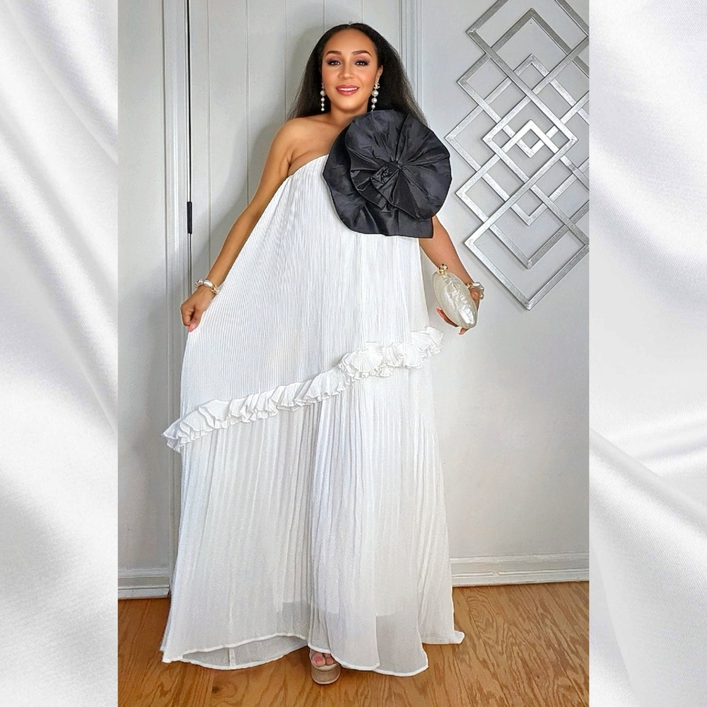 L'ATISTE One-Shoulder White Dress with Black Floral Accent